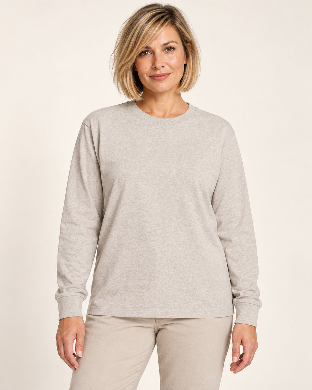 Sitztgut Damen-Langarmshirt aus Baumwolle, 240 g/m² – Beige meliert (Heather Haze) – Vorderansicht