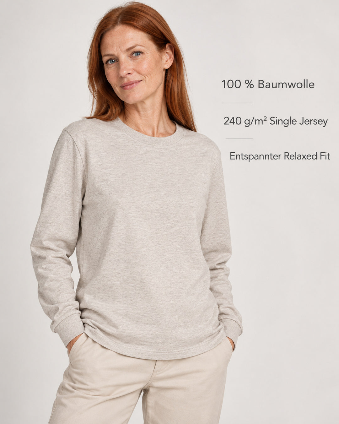 Sitztgut Damen-Langarmshirt aus Baumwolle, 240 g/m² – Beige meliert (Heather Haze) – Produktvorteile