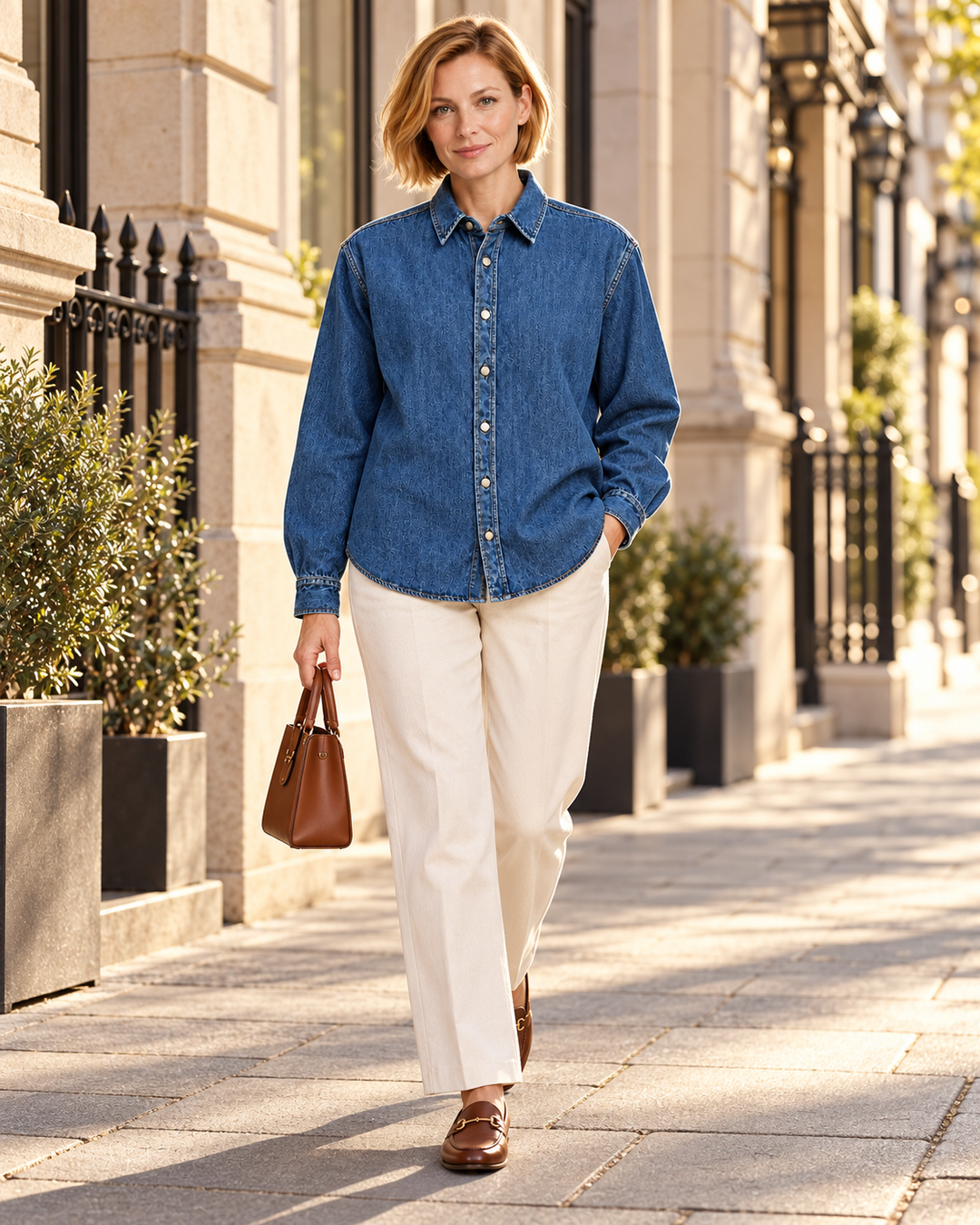Sitztgut Damen-Jeanshemd aus Baumwolle, Relaxed Fit – Mittelblau – Lifestyle 1 mit weiblichem Model