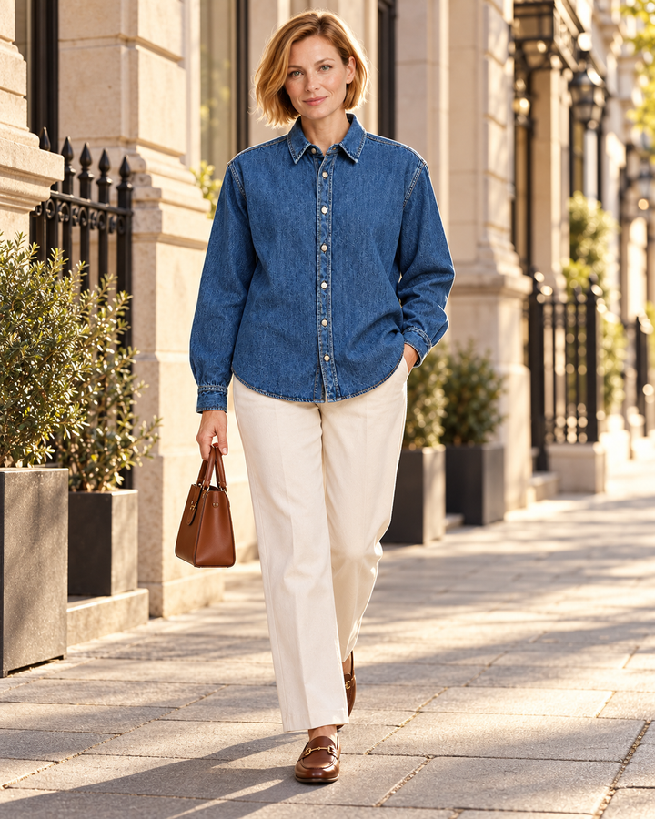 Sitztgut Damen-Jeanshemd aus Baumwolle, Relaxed Fit – Mittelblau – Lifestyle 1 mit weiblichem Model