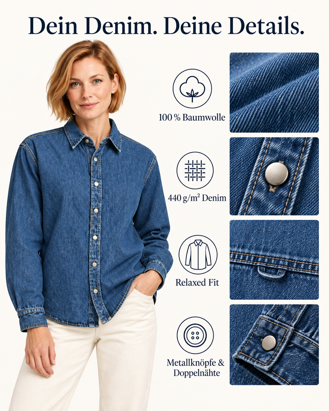 Sitztgut Damen-Jeanshemd aus Baumwolle, Relaxed Fit – Mittelblau – Material und Produktvorteile mit weiblichem Model