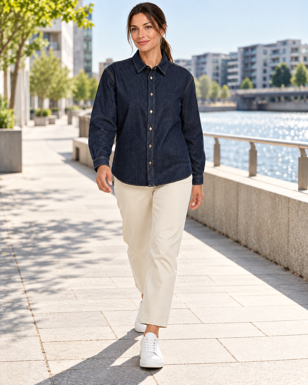 Sitztgut Damen-Jeanshemd aus Baumwolle, Relaxed Fit – Dunkelblau – Lifestyle 1 mit weiblichem Model