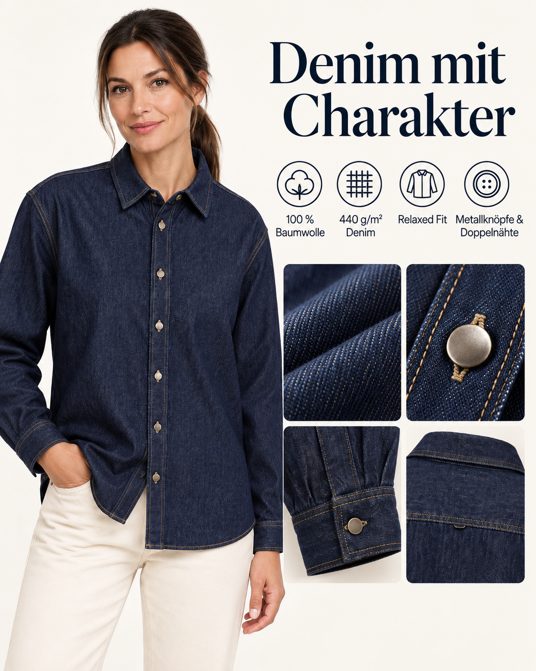 Sitztgut Damen-Jeanshemd aus Baumwolle, Relaxed Fit – Dunkelblau – Material und Produktvorteile mit weiblichem Model