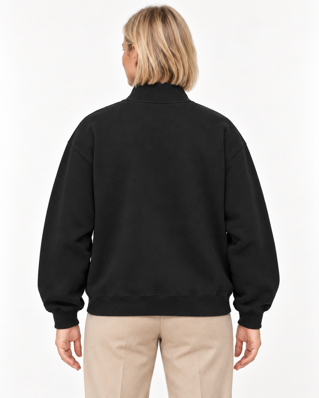 Sitztgut Damen-Sweatshirt mit Viertelreißverschluss, 400 g/m² – Schwarz – Rückenansicht mit weiblichem Model