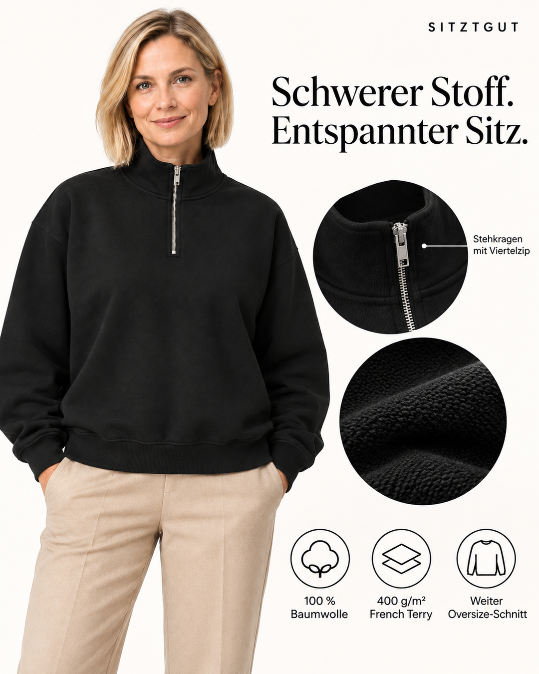 Sitztgut Damen-Sweatshirt mit Viertelreißverschluss, 400 g/m² – Schwarz – Material und Produktvorteile mit weiblichem Model