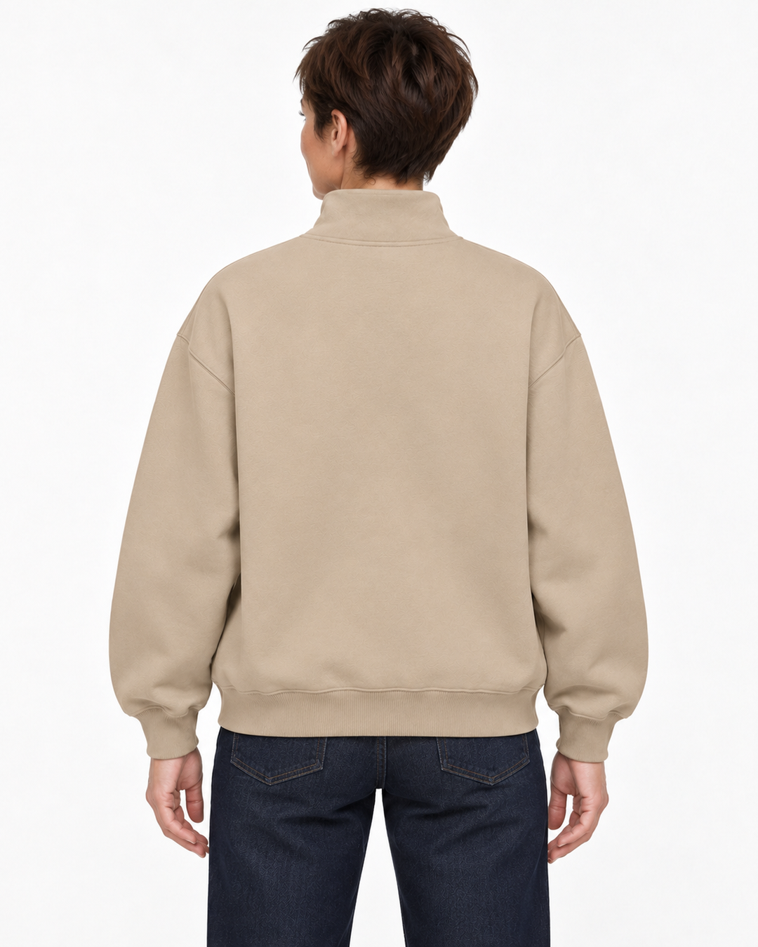 Sitztgut Damen-Sweatshirt mit Viertelreißverschluss, 400 g/m² – Sand – Rückenansicht mit weiblichem Model