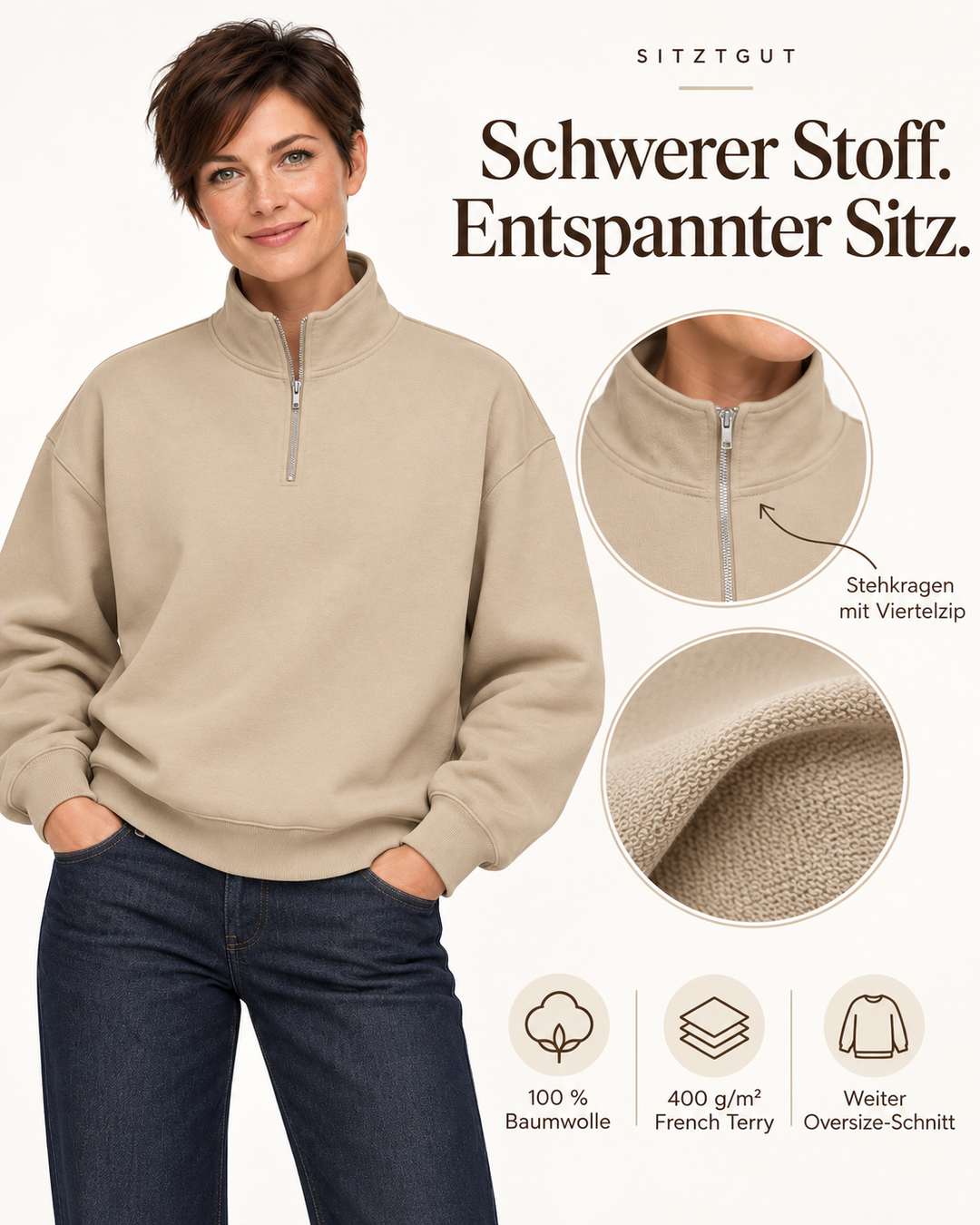 Sitztgut Damen-Sweatshirt mit Viertelreißverschluss, 400 g/m² – Sand – Material und Produktvorteile mit weiblichem Model