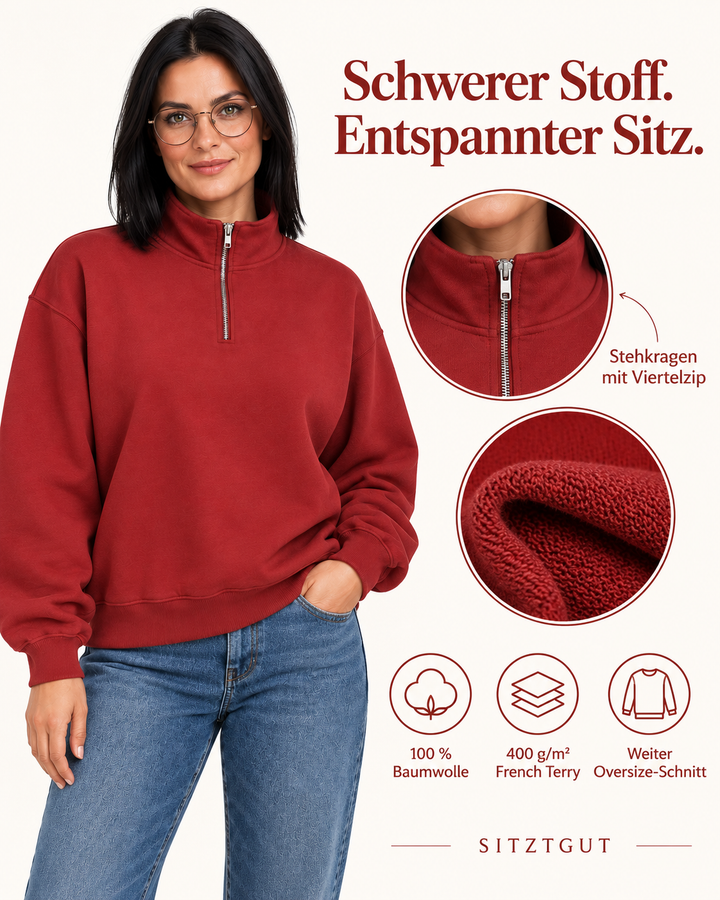 Sitztgut Damen-Sweatshirt mit Viertelreißverschluss, 400 g/m² – Rote Erde – Material und Produktvorteile mit weiblichem Model