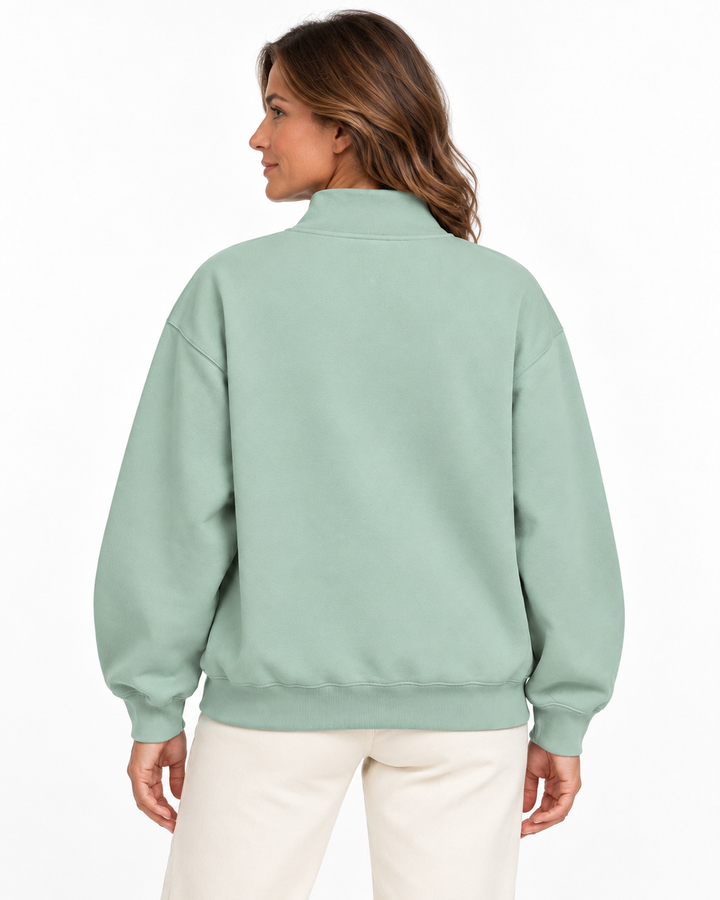 Sitztgut Damen-Sweatshirt mit Viertelreißverschluss, 400 g/m² – Türkis – Rückenansicht mit weiblichem Model