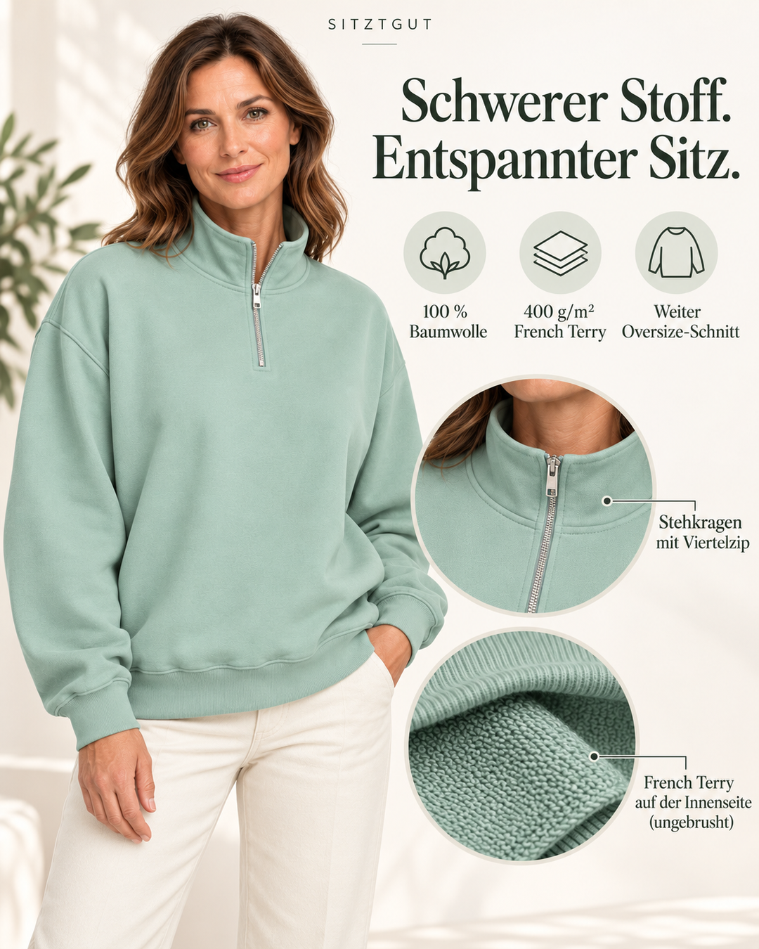 Sitztgut Damen-Sweatshirt mit Viertelreißverschluss, 400 g/m² – Türkis – Material und Produktvorteile mit weiblichem Model