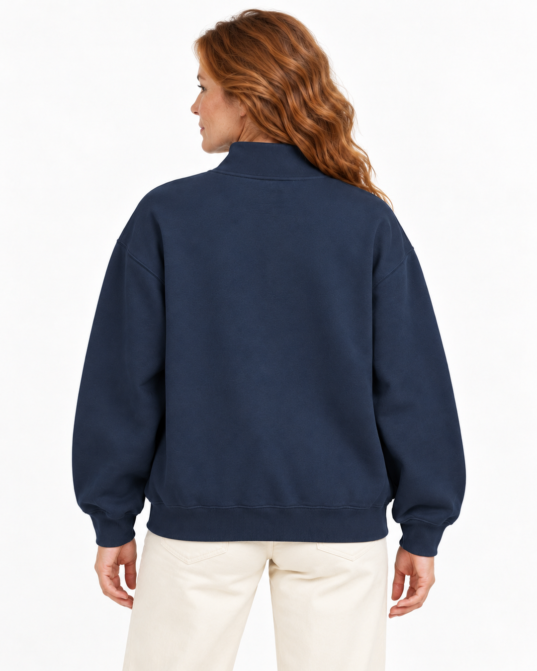 Sitztgut Damen-Sweatshirt mit Viertelreißverschluss, 400 g/m² – Marineblau – Rückenansicht mit weiblichem Model