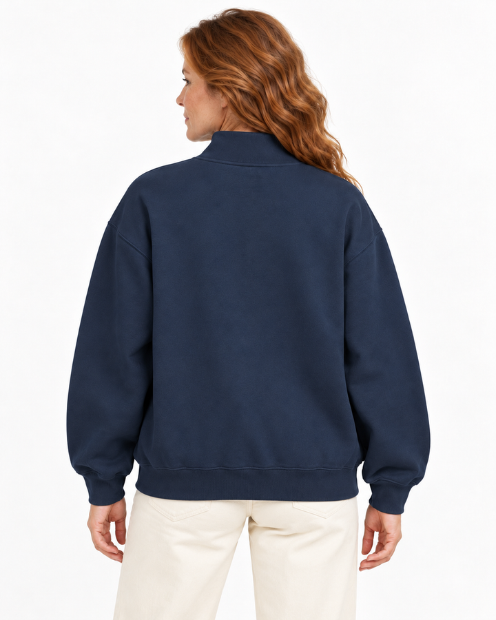 Sitztgut Damen-Sweatshirt mit Viertelreißverschluss, 400 g/m² – Marineblau – Rückenansicht mit weiblichem Model
