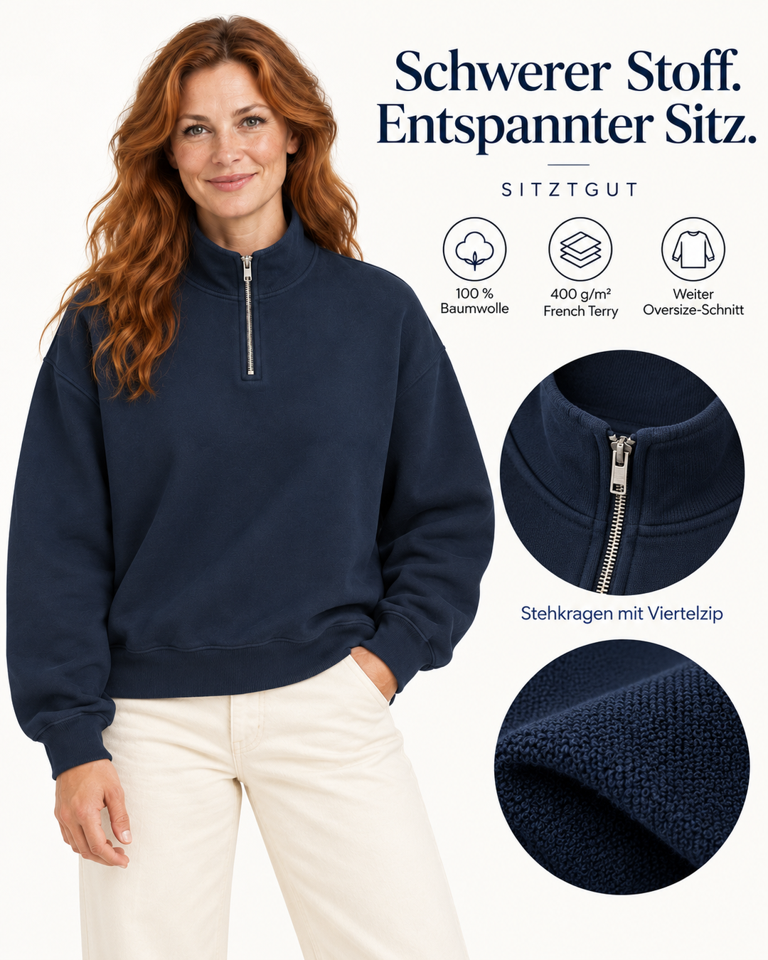 Sitztgut Damen-Sweatshirt mit Viertelreißverschluss, 400 g/m² – Marineblau – Material und Produktvorteile mit weiblichem Model