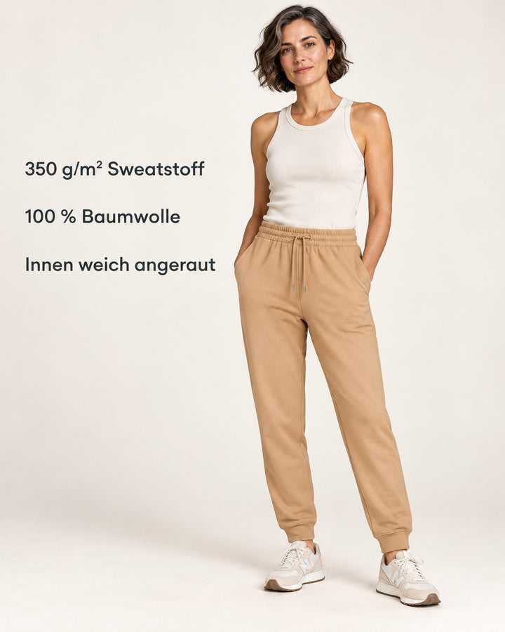 Sitztgut Damen-Jogginghose aus Baumwolle mit Rippbündchen – Latte – Produktvorteile