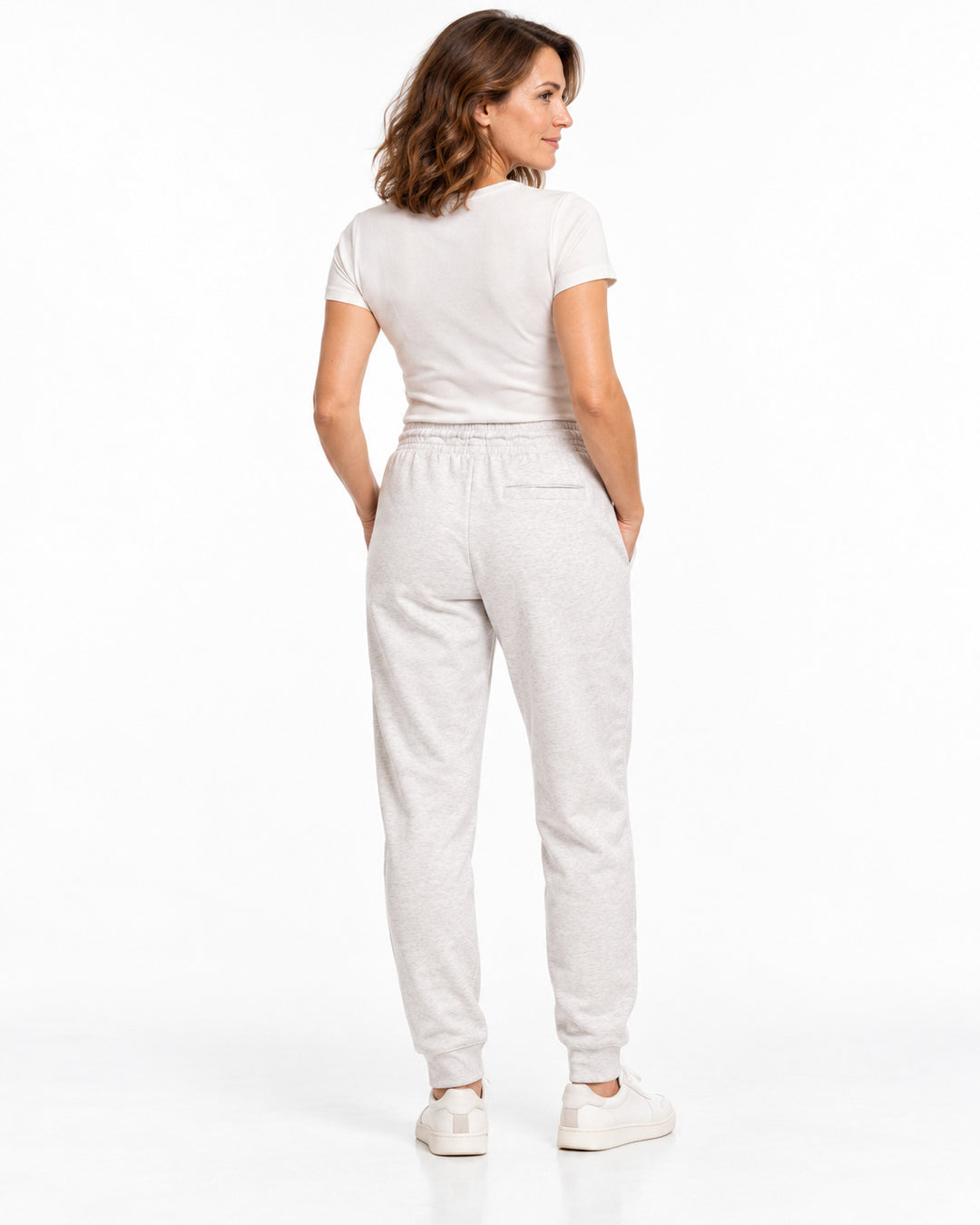 Sitztgut Damen-Jogginghose aus Baumwolle mit Rippbündchen – Hellgrau meliert (Cool Heather Grey) – Rückenansicht