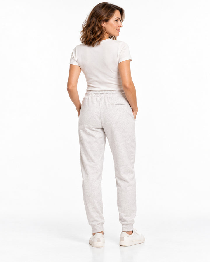 Sitztgut Damen-Jogginghose aus Baumwolle mit Rippbündchen – Hellgrau meliert (Cool Heather Grey) – Rückenansicht