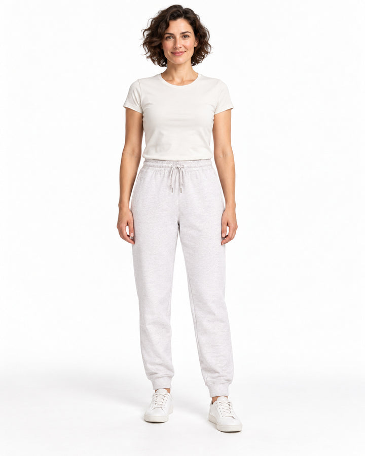 Sitztgut Damen-Jogginghose aus Baumwolle mit Rippbündchen – Hellgrau meliert (Cool Heather Grey) – Vorderansicht