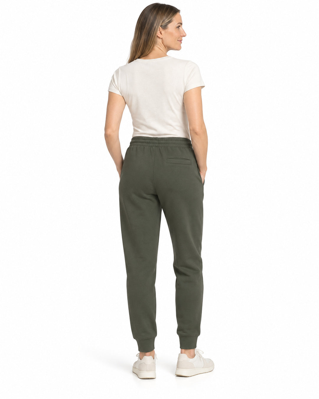 Sitztgut Damen-Jogginghose aus Baumwolle mit Rippbündchen – Khaki – Rückenansicht