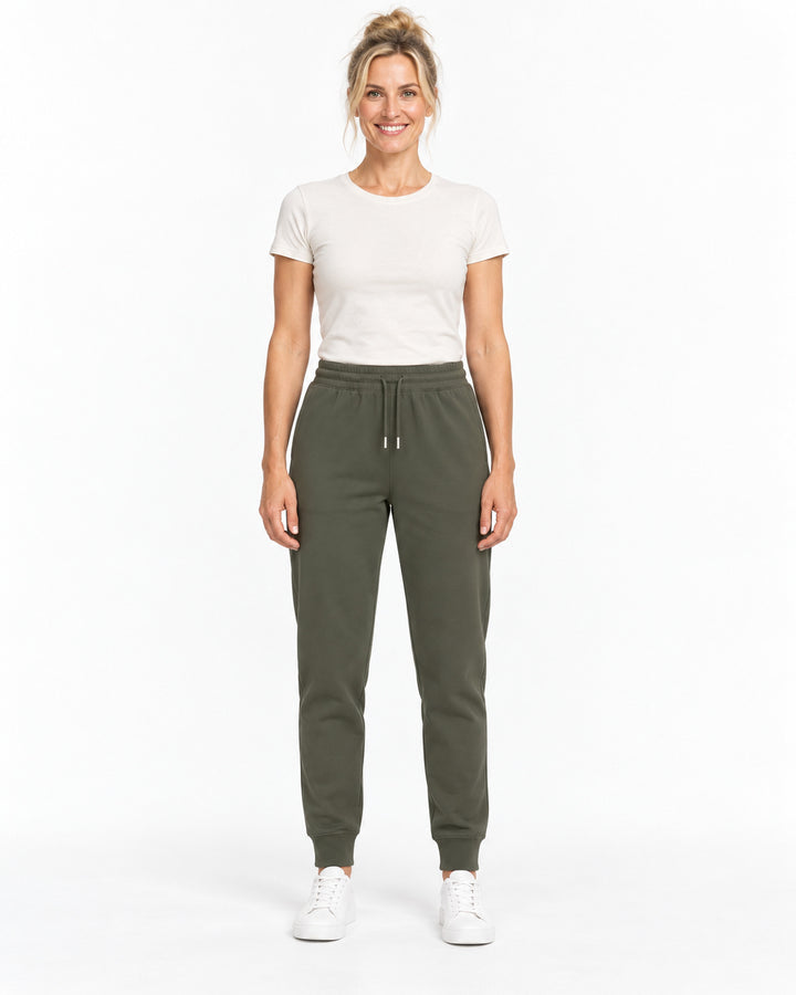Sitztgut Damen-Jogginghose aus Baumwolle mit Rippbündchen – Khaki – Vorderansicht
