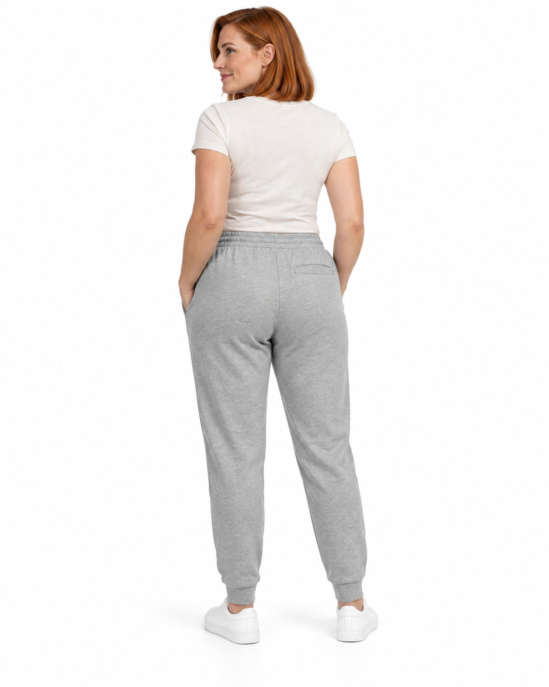 Sitztgut Damen-Jogginghose aus Baumwolle mit Rippbündchen – Grau meliert (Heather Grey) – Rückenansicht