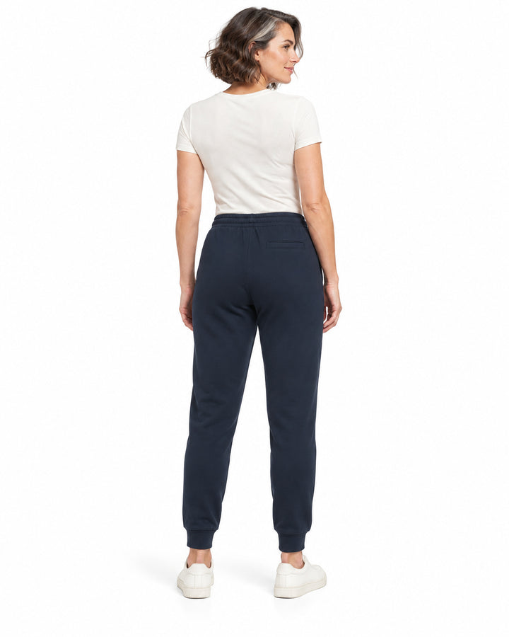 Sitztgut Damen-Jogginghose aus Baumwolle mit Rippbündchen – Marineblau – Rückenansicht