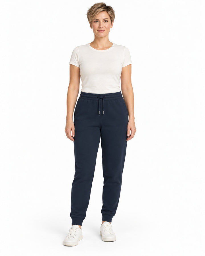 Sitztgut Damen-Jogginghose aus Baumwolle mit Rippbündchen – Marineblau – Vorderansicht
