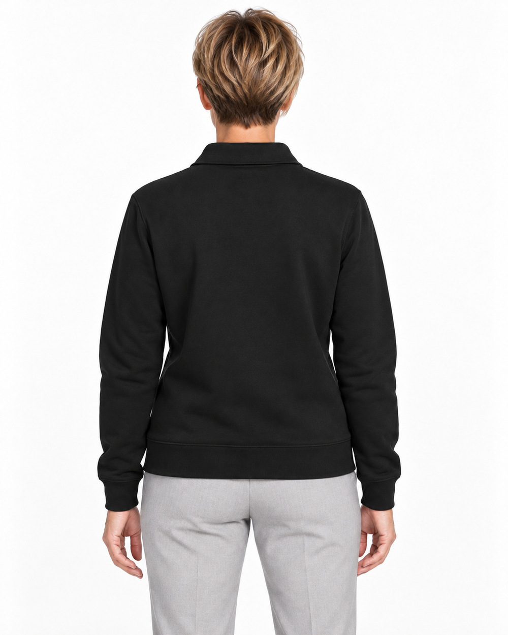 Sitztgut Damen-Polokragenpullover aus Sweatstoff mit kurzem Reißverschluss – Schwarz – Rückenansicht mit weiblichem Model