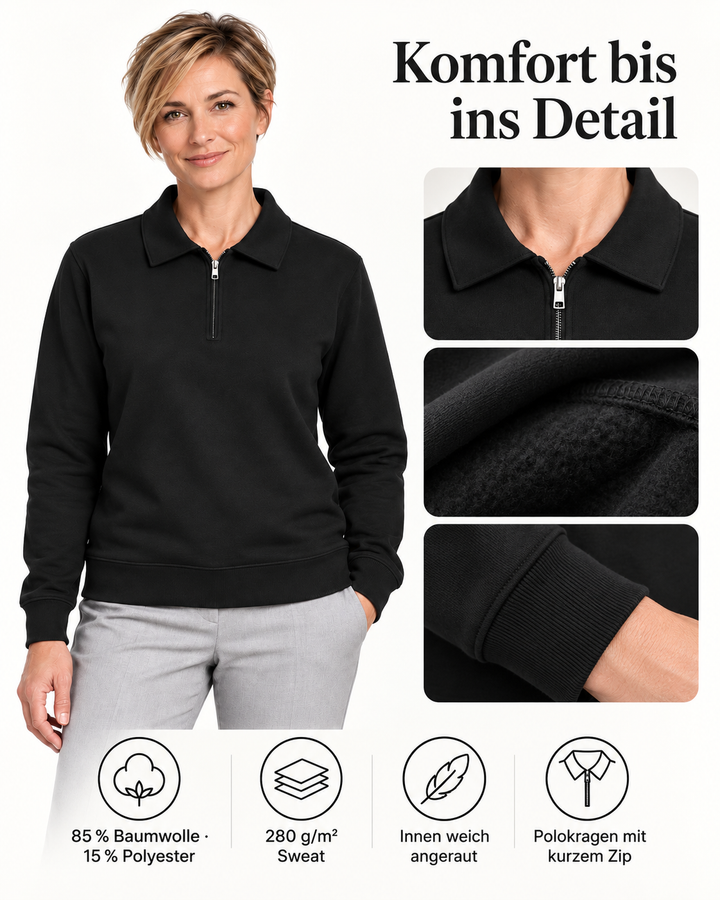 Sitztgut Damen-Polokragenpullover aus Sweatstoff mit kurzem Reißverschluss – Schwarz – Material und Produktvorteile mit weiblichem Model