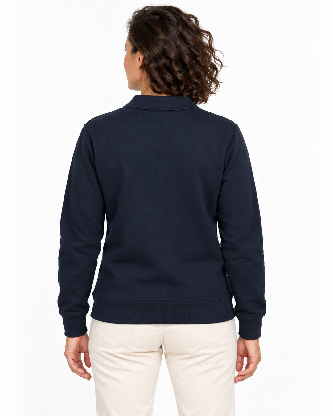 Sitztgut Damen-Polokragenpullover aus Sweatstoff mit kurzem Reißverschluss – Blau – Rückenansicht mit weiblichem Model