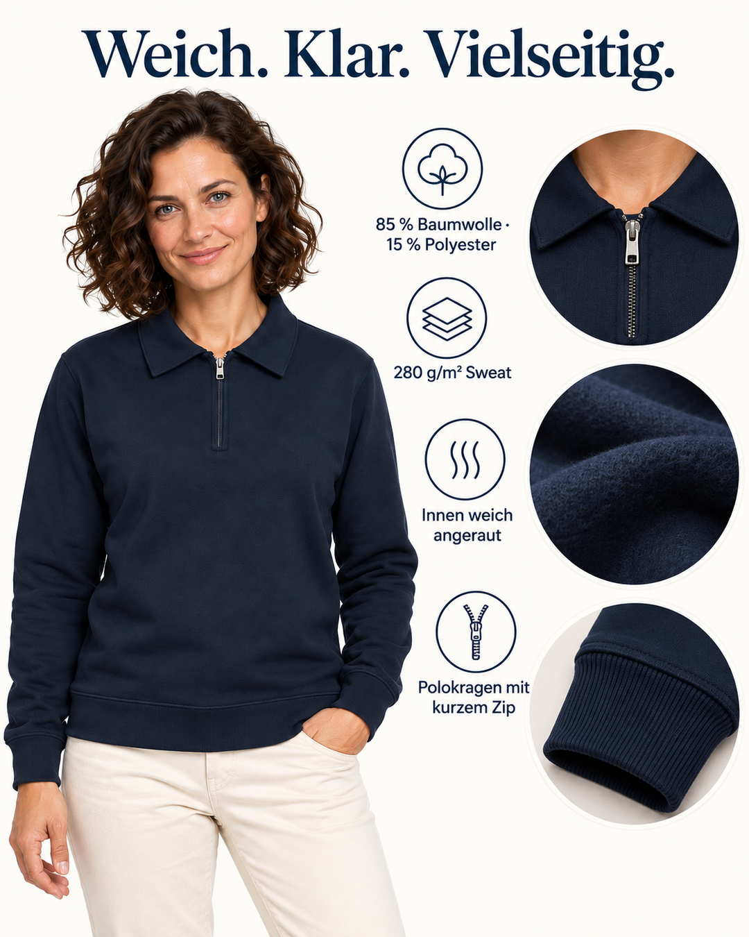 Sitztgut Damen-Polokragenpullover aus Sweatstoff mit kurzem Reißverschluss – Blau – Material und Produktvorteile mit weiblichem Model