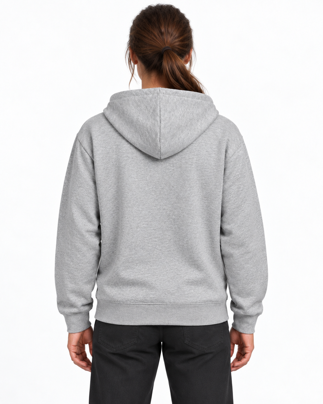 Sitztgut Damen-Sweatjacke aus Baumwolle mit Kapuze – Grau meliert – Rückenansicht mit weiblichem Model