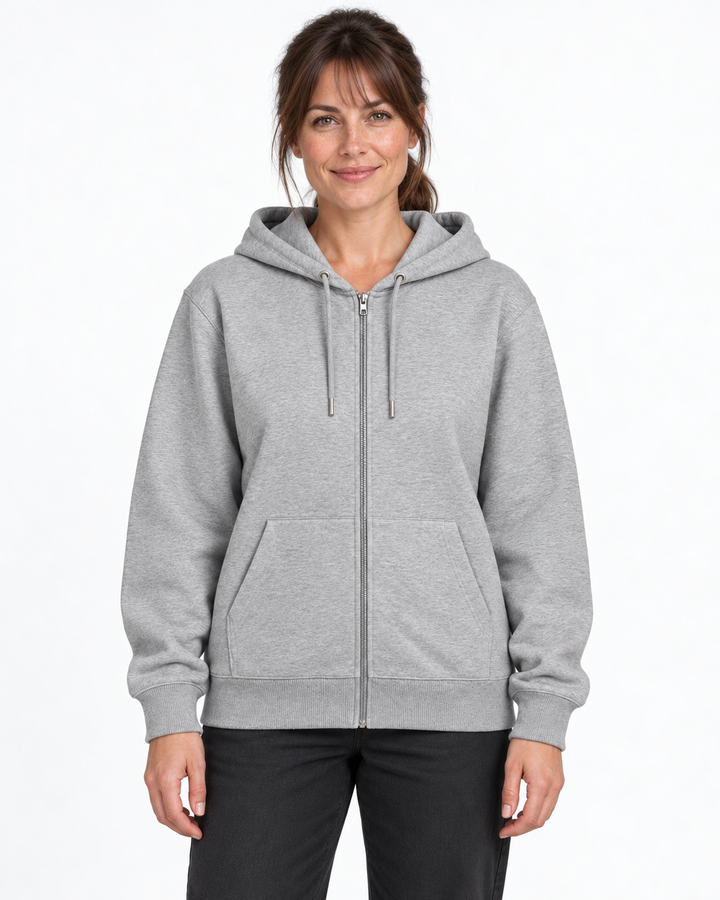 Sitztgut Damen-Sweatjacke aus Baumwolle mit Kapuze – Grau meliert – Vorderansicht mit weiblichem Model