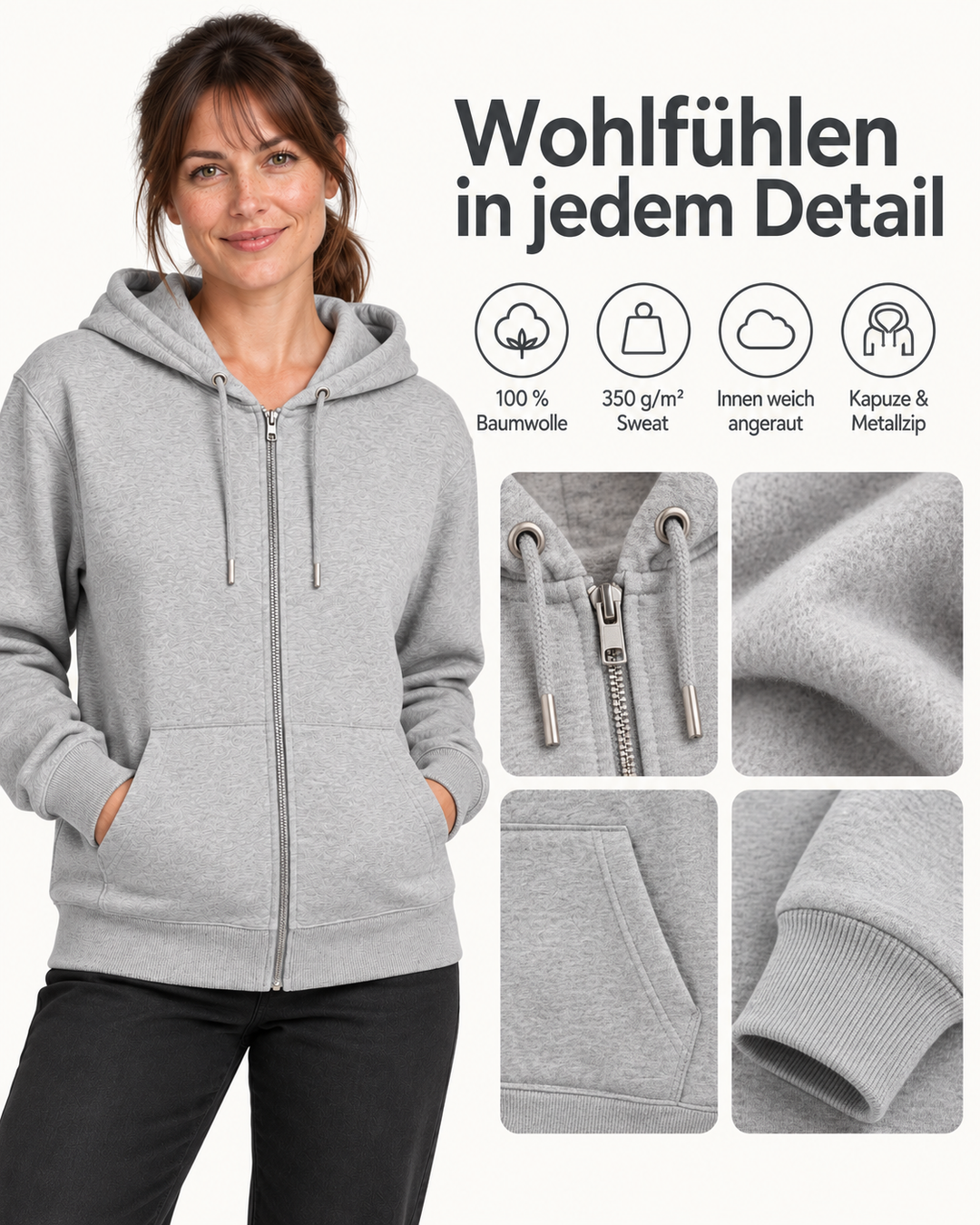 Sitztgut Damen-Sweatjacke aus Baumwolle mit Kapuze – Grau meliert – Material und Produktvorteile mit weiblichem Model