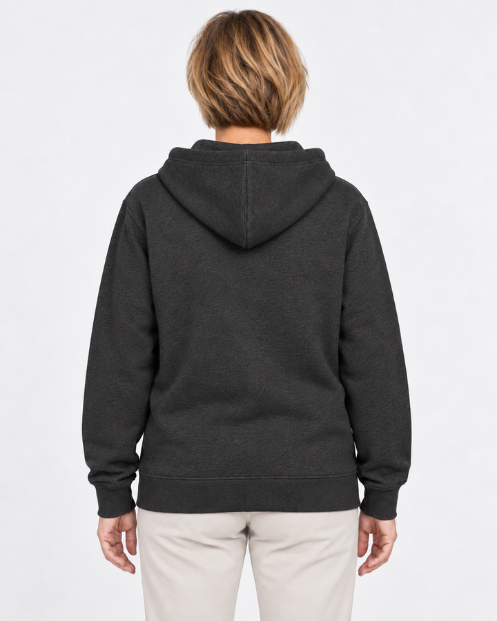 Sitztgut Damen-Sweatjacke aus Baumwolle mit Kapuze – Schwarz Vintage – Rückenansicht mit weiblichem Model
