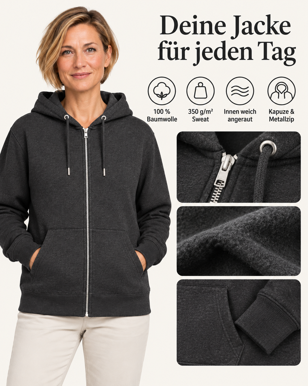 Sitztgut Damen-Sweatjacke aus Baumwolle mit Kapuze – Schwarz Vintage – Material und Produktvorteile mit weiblichem Model