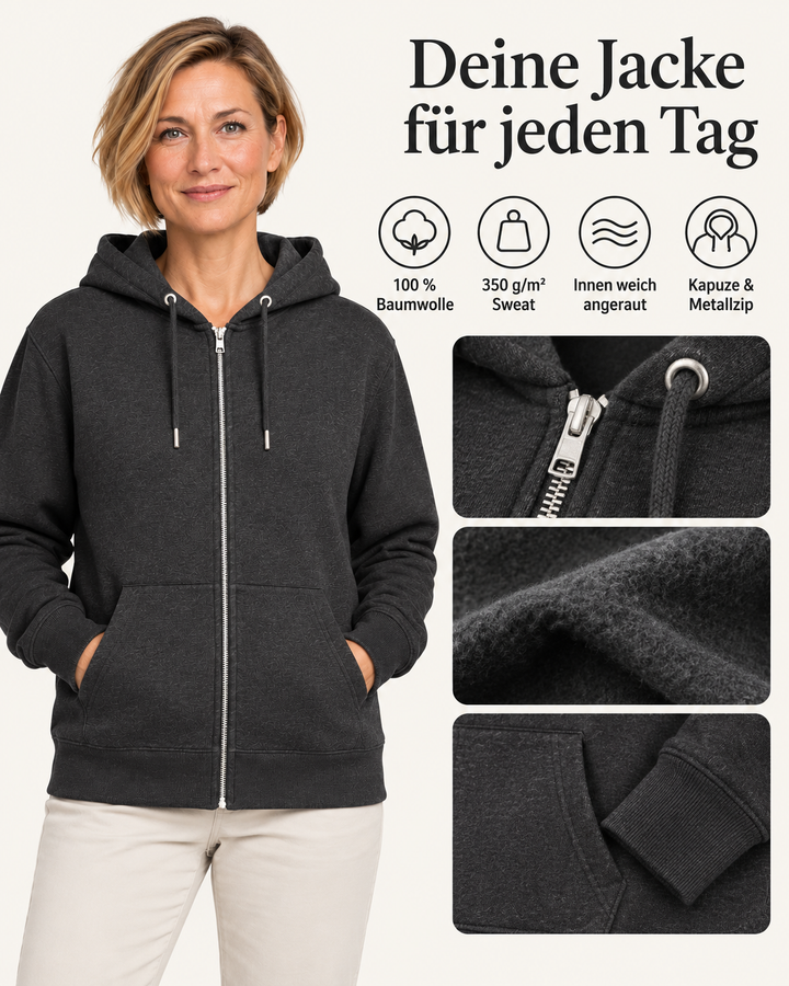 Sitztgut Damen-Sweatjacke aus Baumwolle mit Kapuze – Schwarz Vintage – Material und Produktvorteile mit weiblichem Model