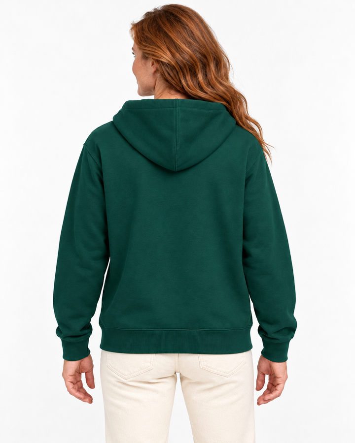 Sitztgut Damen-Sweatjacke aus Baumwolle mit Kapuze – Dunkelgrün – Rückenansicht mit weiblichem Model