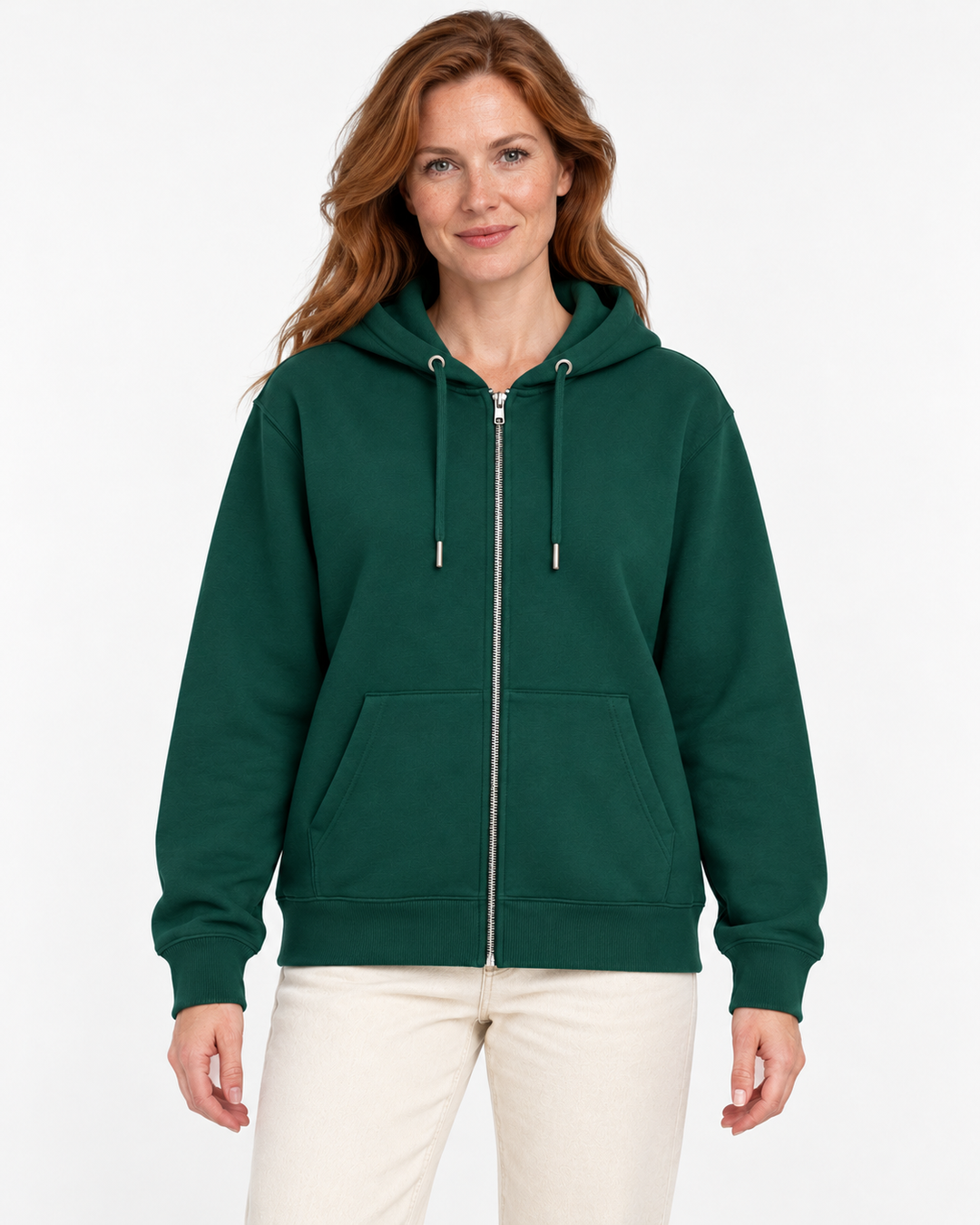Sitztgut Damen-Sweatjacke aus Baumwolle mit Kapuze – Dunkelgrün – Vorderansicht mit weiblichem Model