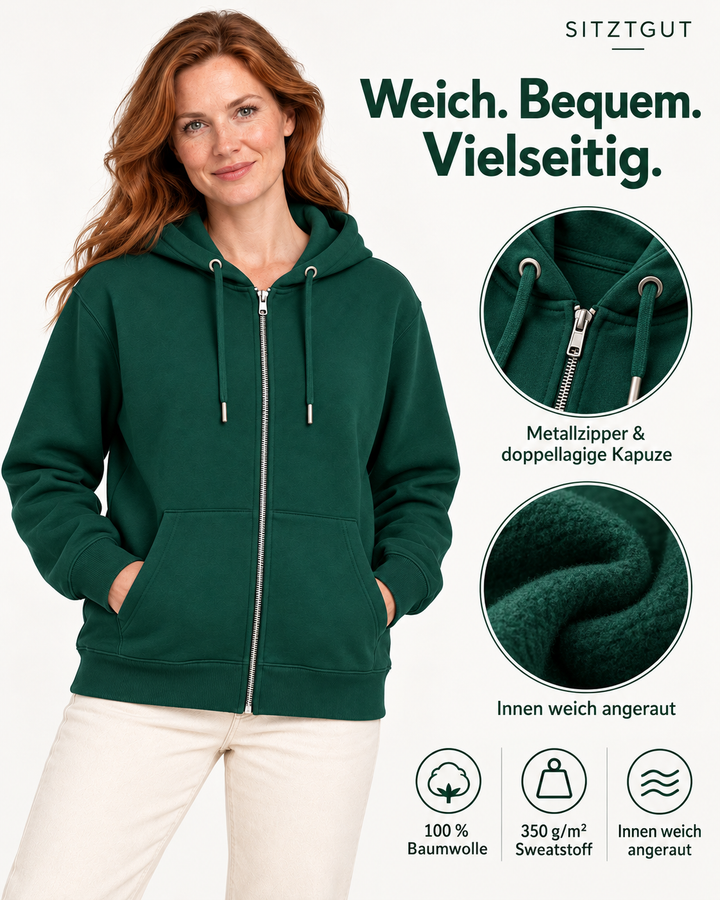 Sitztgut Damen-Sweatjacke aus Baumwolle mit Kapuze – Dunkelgrün – Material und Produktvorteile mit weiblichem Model