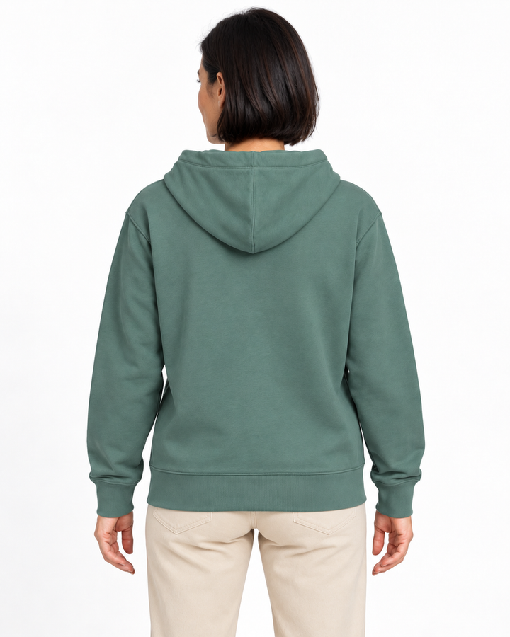 Sitztgut Damen-Sweatjacke aus Baumwolle mit Kapuze – Vintage Grün – Rückenansicht mit weiblichem Model