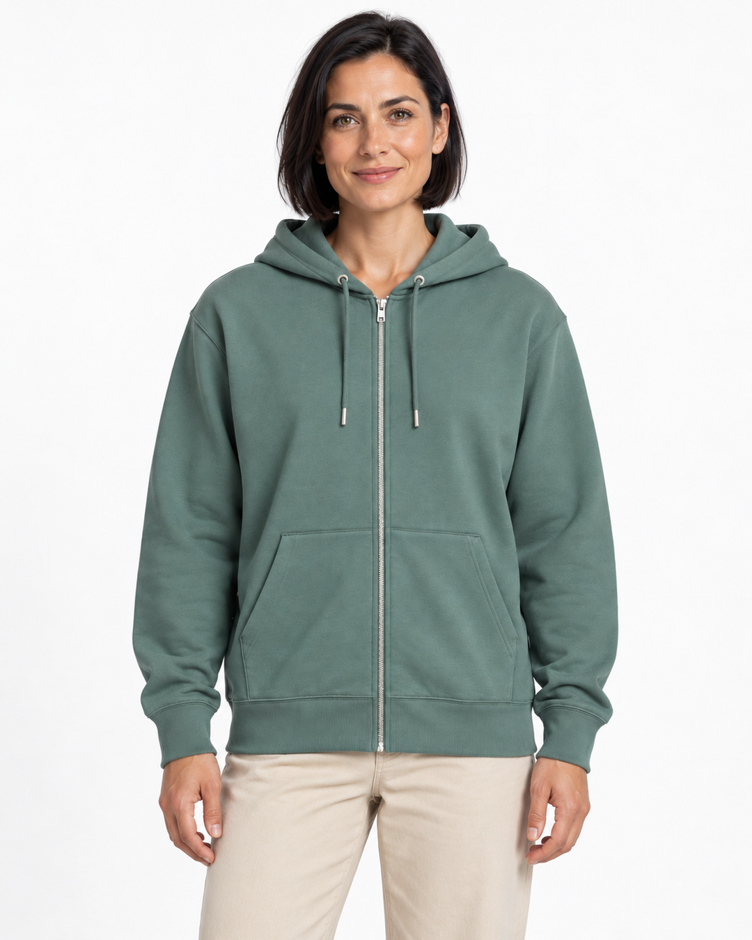 Sitztgut Damen-Sweatjacke aus Baumwolle mit Kapuze – Vintage Grün – Vorderansicht mit weiblichem Model