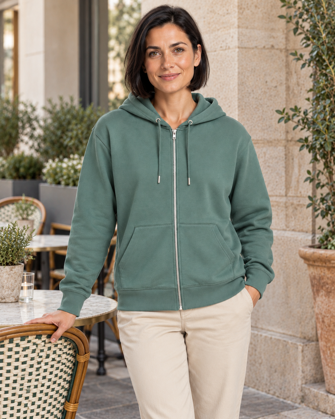 Sitztgut Damen-Sweatjacke aus Baumwolle mit Kapuze – Vintage Grün – Lifestyle 1 mit weiblichem Model