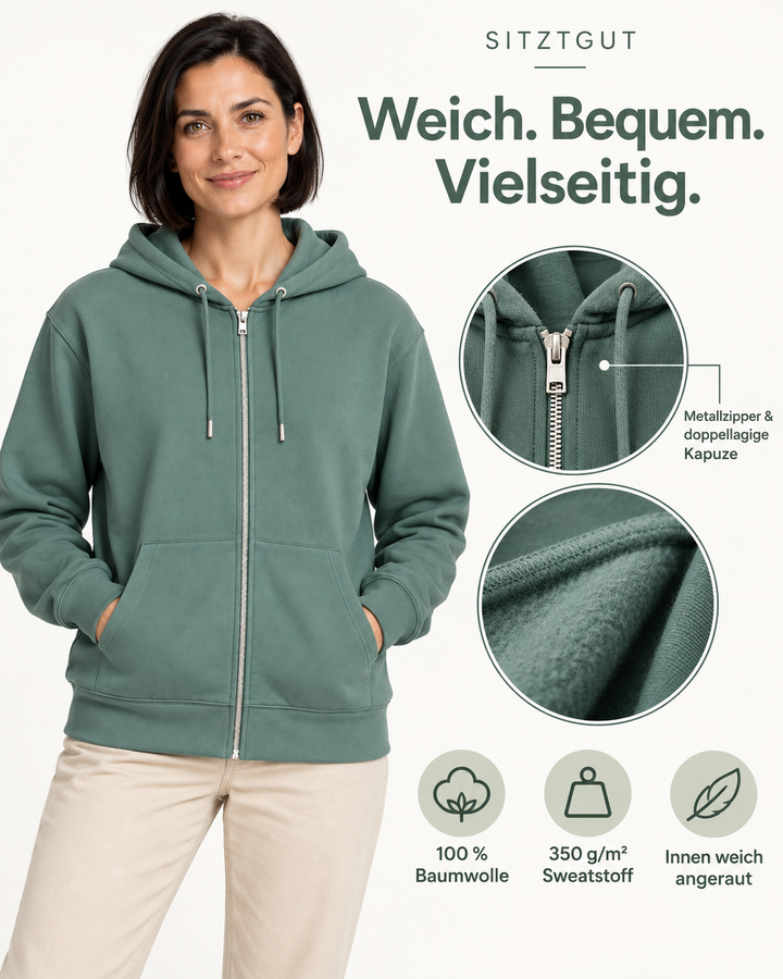 Sitztgut Damen-Sweatjacke aus Baumwolle mit Kapuze – Vintage Grün – Material und Produktvorteile mit weiblichem Model