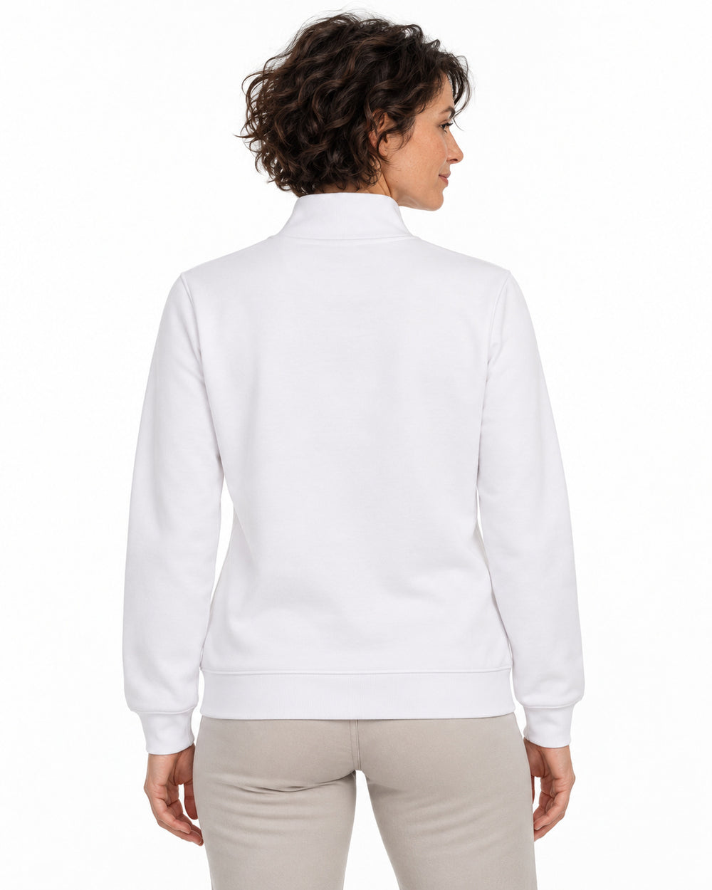 Sitztgut Damen-Sweatjacke mit Stehkragen und Metallreißverschluss – Weiß – Rückenansicht