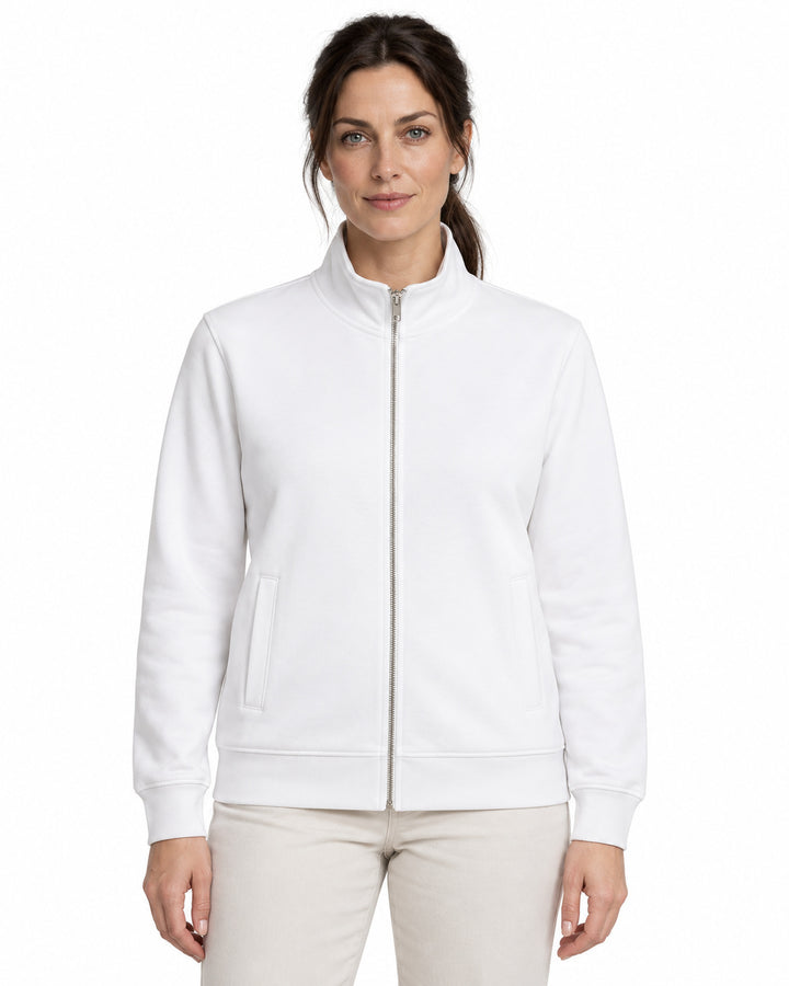 Sitztgut Damen-Sweatjacke mit Stehkragen und Metallreißverschluss – Weiß – Vorderansicht