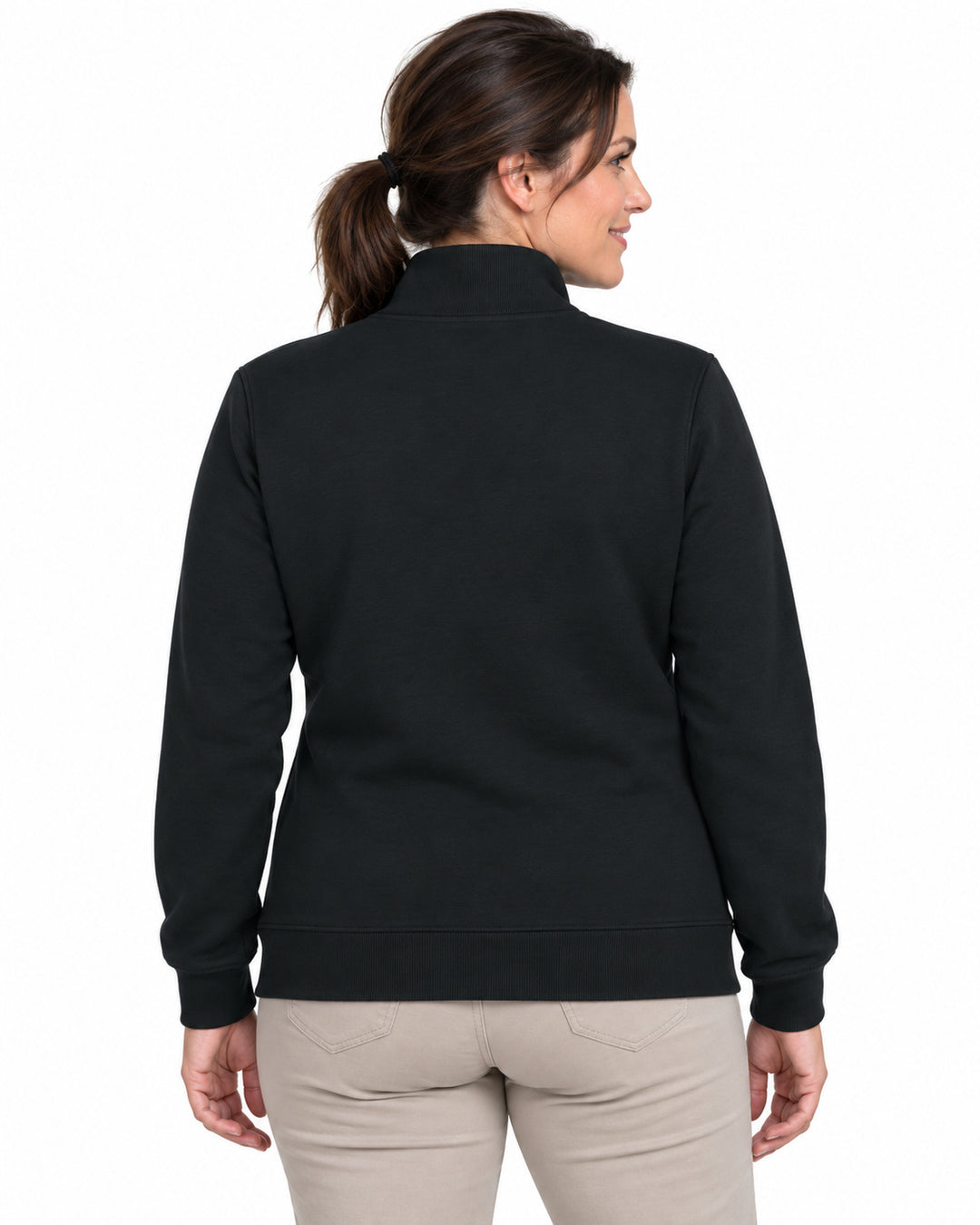 Sitztgut Damen-Sweatjacke mit Stehkragen und Metallreißverschluss – Schwarz – Rückenansicht