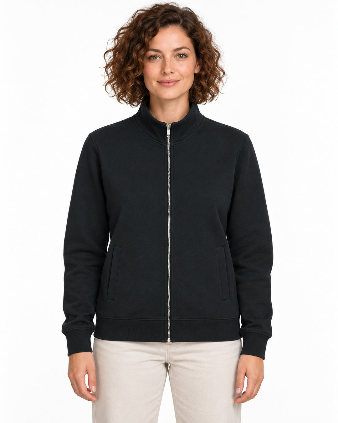 Sitztgut Damen-Sweatjacke mit Stehkragen und Metallreißverschluss – Schwarz – Vorderansicht