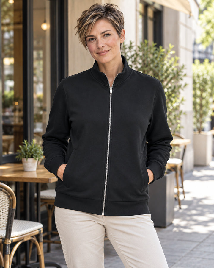 Sitztgut Damen-Sweatjacke mit Stehkragen und Metallreißverschluss – Schwarz – Lifestyle 2