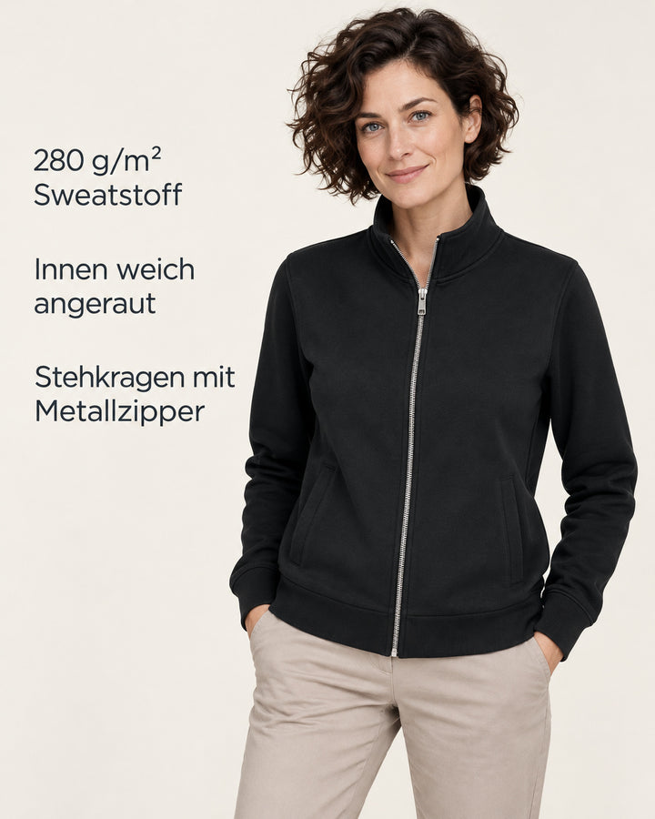 Sitztgut Damen-Sweatjacke mit Stehkragen und Metallreißverschluss – Schwarz – Produktvorteile