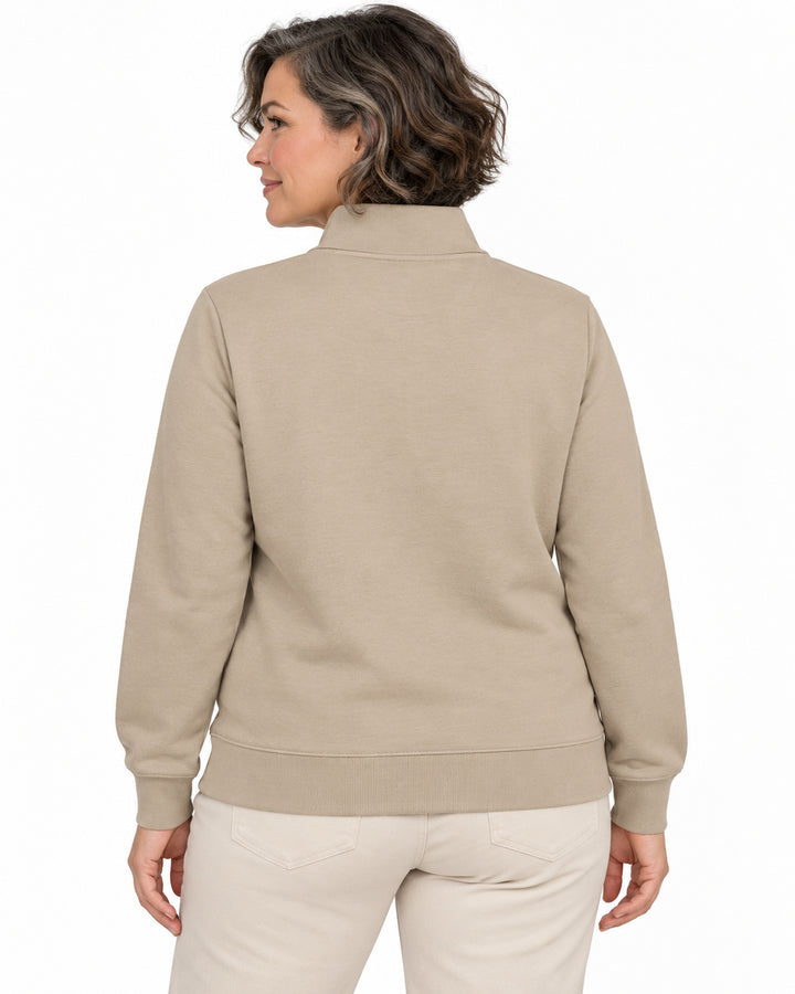 Sitztgut Damen-Sweatjacke mit Stehkragen und Metallreißverschluss – Desert Dust – Rückenansicht